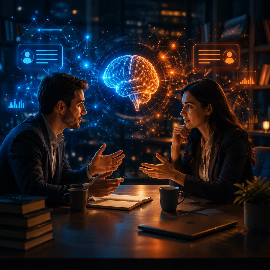 Two people mid-debate across a table